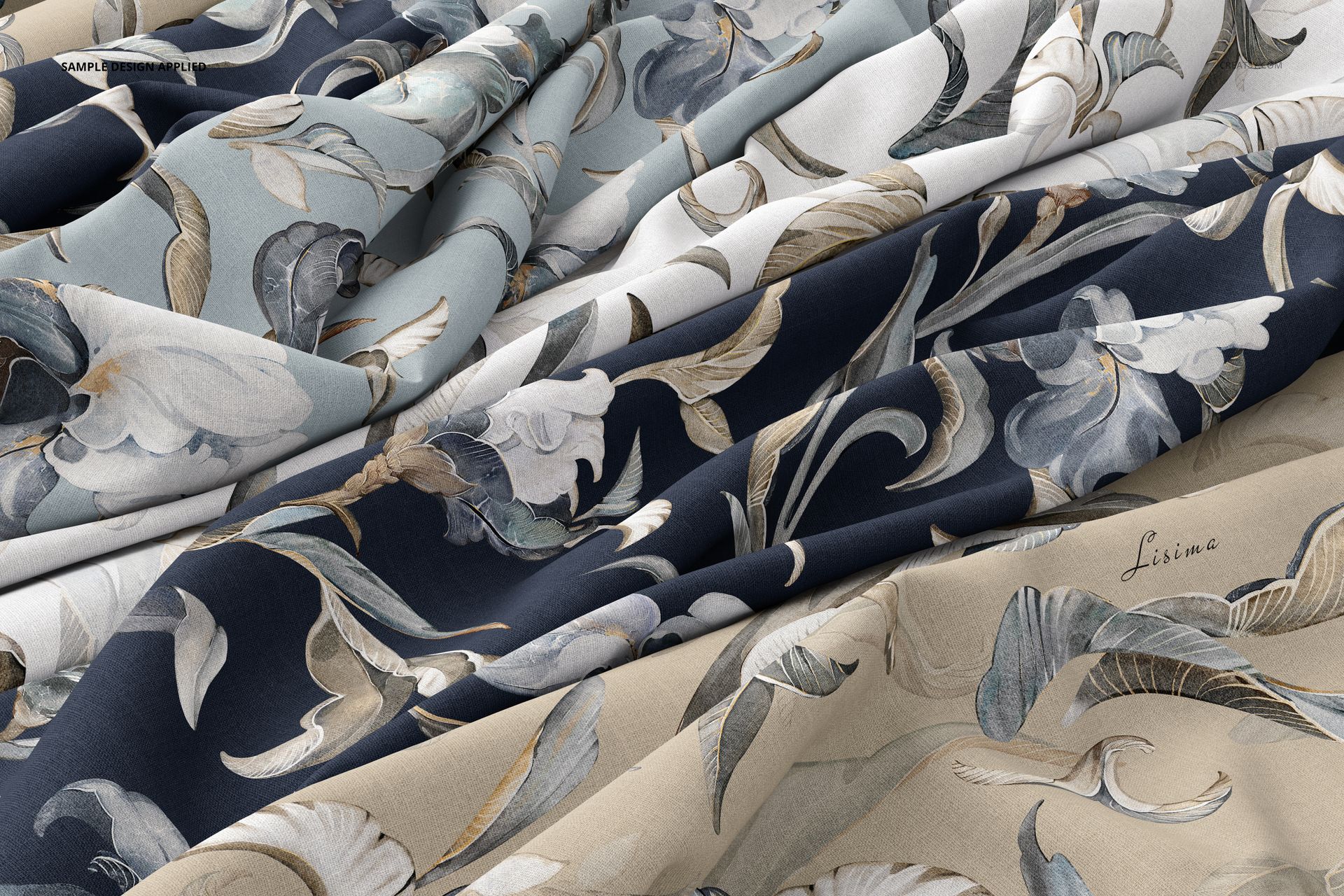 Creased fabric mockup featuring three overlapping sections in blue, white, and beige with floral patterns, front view.