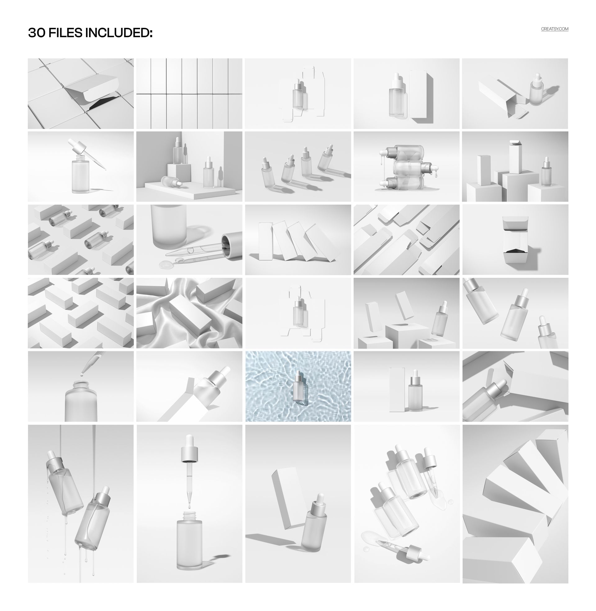 Dropper bottle mockup bundle with various clear and frosted bottles shown in different angles and minimalist scenes.