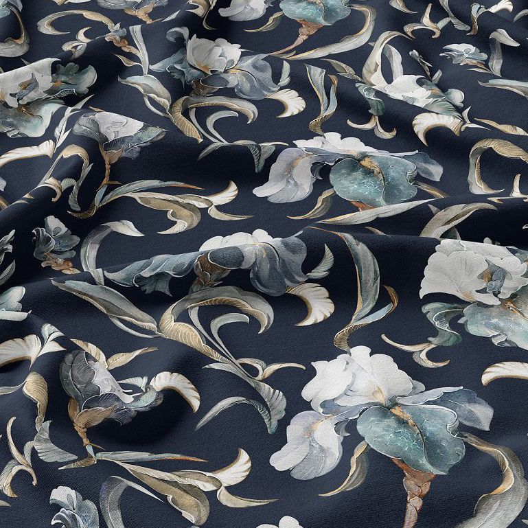 Double brushed polyester fabric mockup featuring a dark background with flowing, realistic iris floral patterns in muted tones.