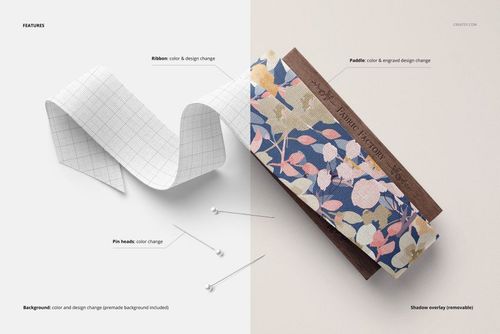 Mockup of a wide cotton ribbon draped over a wood paddle, with floral and grid patterns, presented on a neutral background.