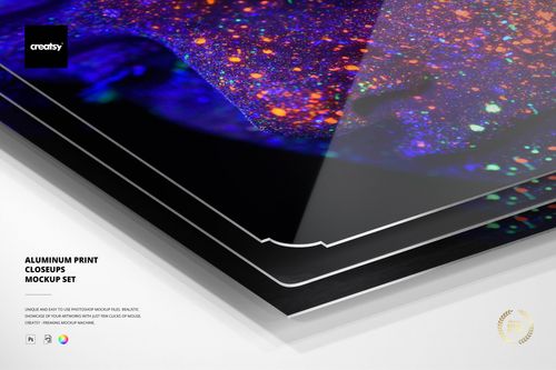 Close-up view of aluminum print mockup showing sharp and layered corners with glossy surface and vibrant abstract colors.