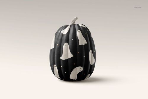 Single pumpkin mockup featuring a matte black surface with repeating ghost and star patterns, shown from the front.