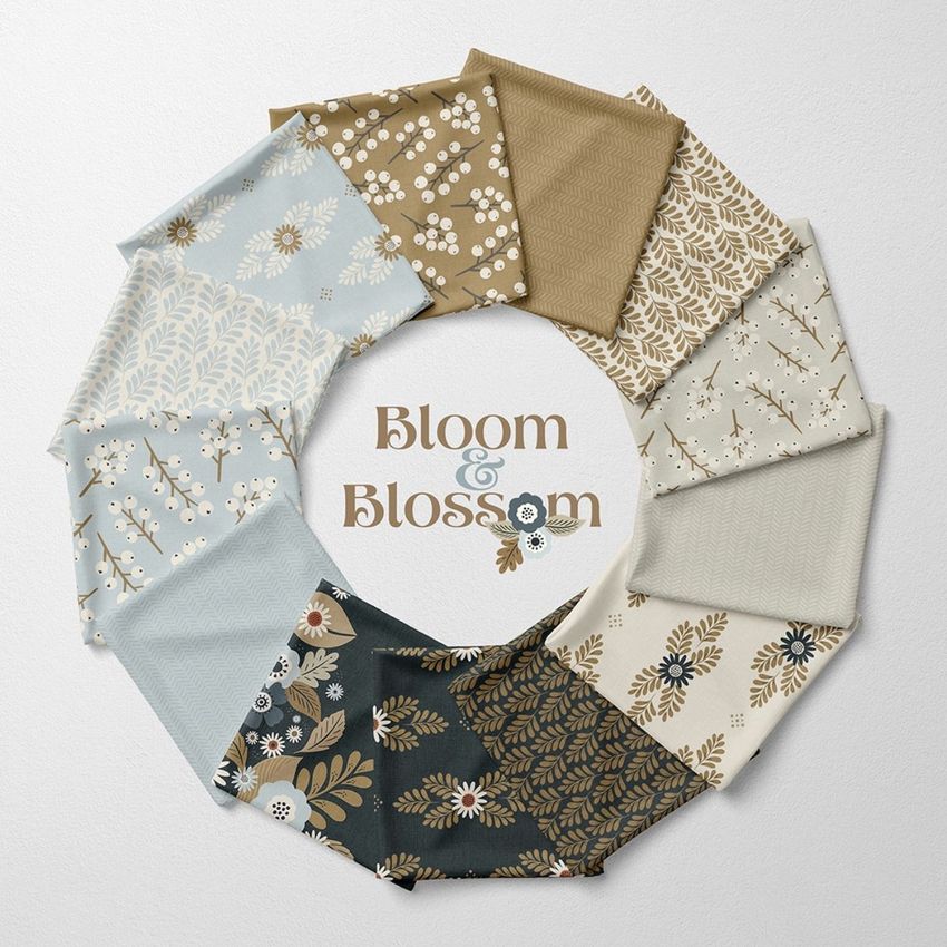 Folded fabrics mockup showing ten patterned fabric squares arranged in a circle on a white surface with text in the center.