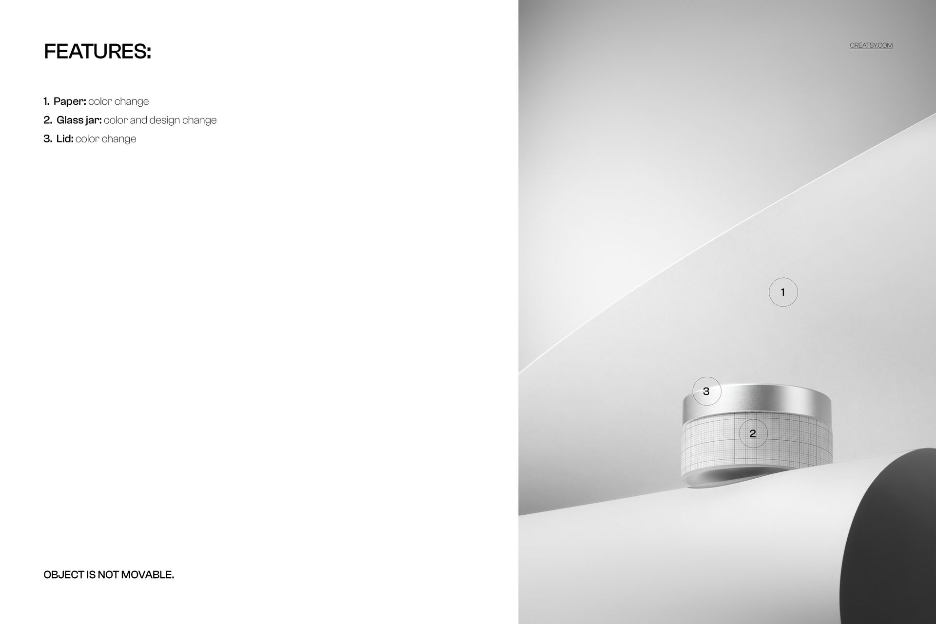 PSD mockup of a cream glass jar with metallic lid resting on a rolled paper backdrop, viewed from the front side.