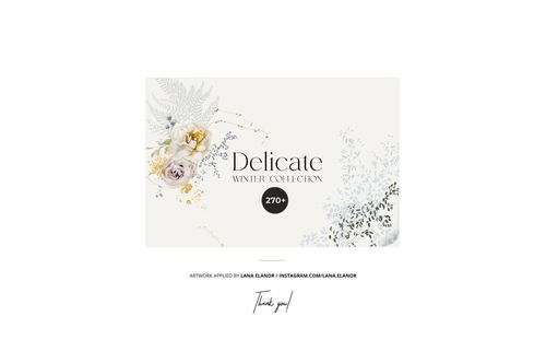 Front view of a stationery set mockup featuring a winter-themed design with floral and foliage illustrations in soft colors.