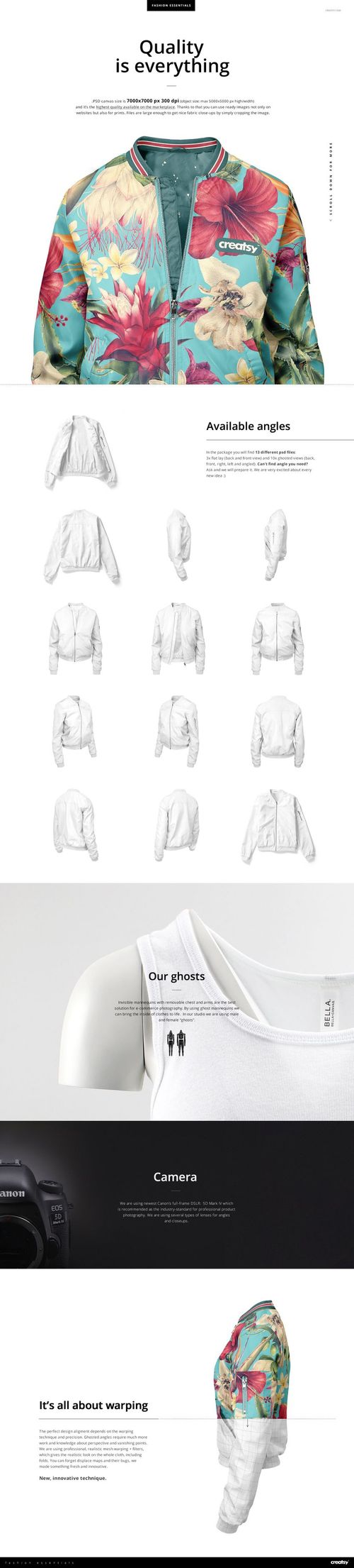 Front view of a women's bomber jacket mockup featuring a vibrant floral pattern with green, red, and yellow tones.