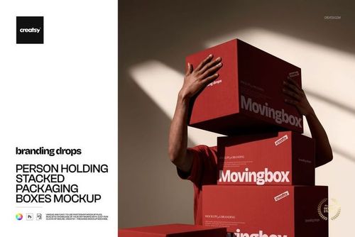 Mockup showing a person with arms around three red cardboard boxes, stacked vertically against a neutral background.