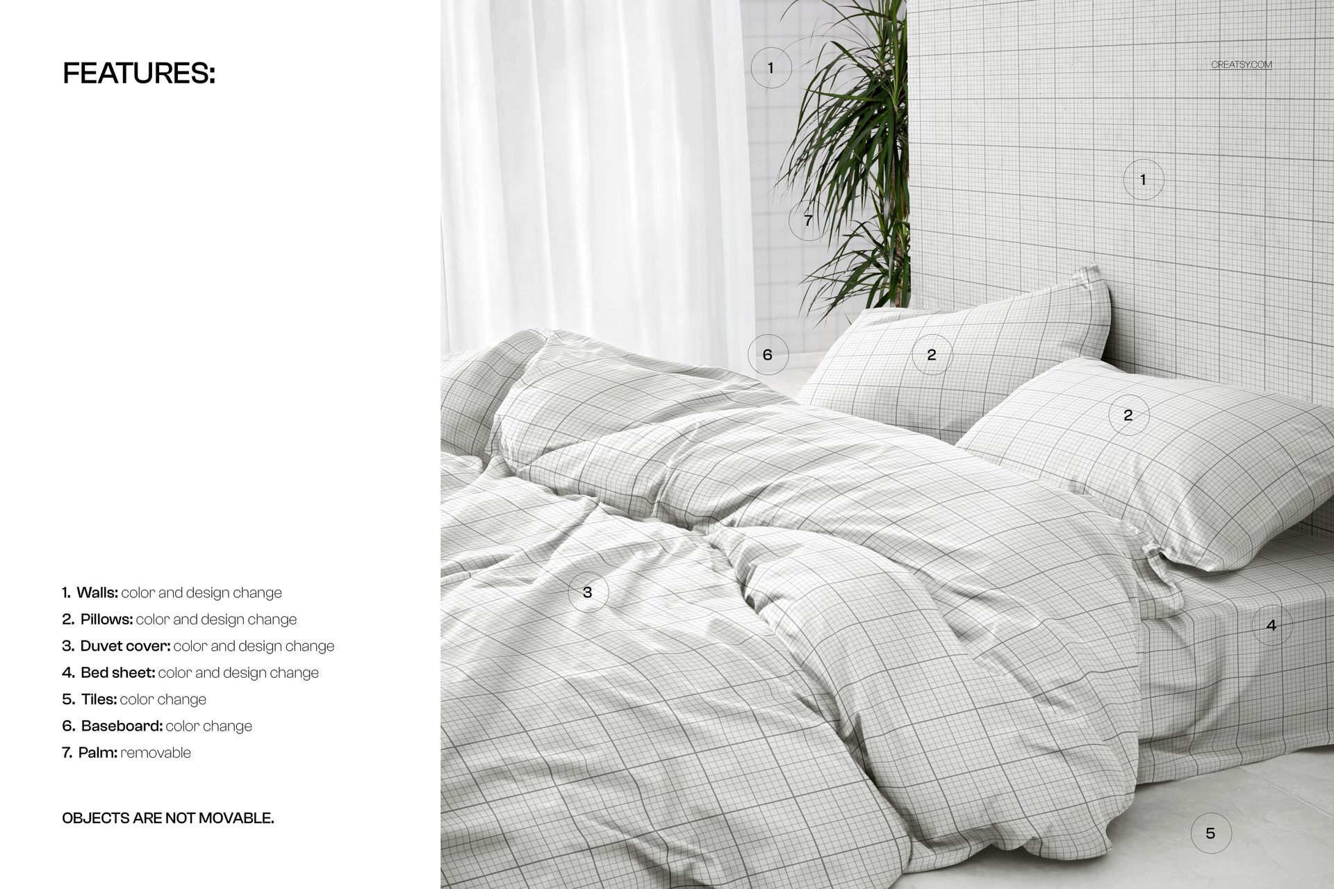 Front view of a PSD mockup featuring a rumpled duvet cover and pillows with a subtle plaid design on a bed.