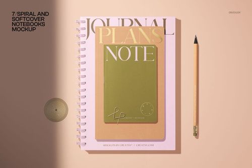 Stationery mockup featuring a spiral journal, a small green and gold notepad, and a beige pencil arranged on a pastel background.