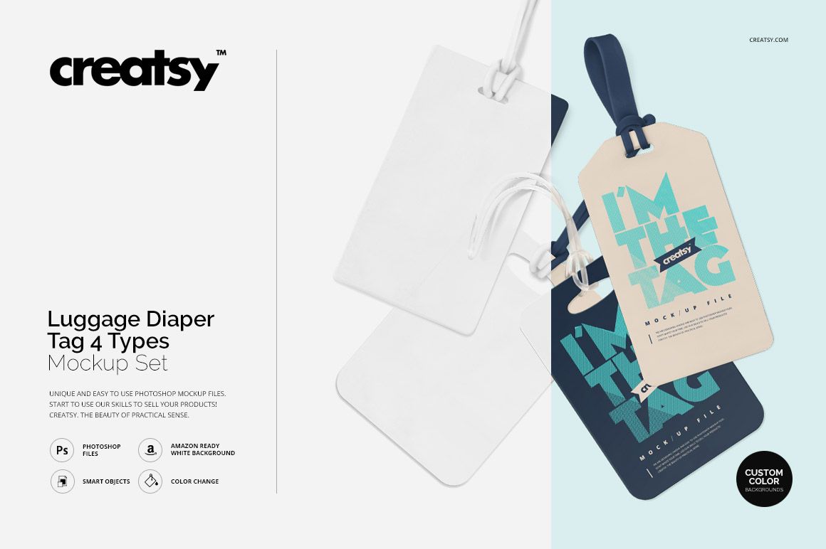 PSD mockup featuring four travel luggage tags in assorted styles and shades, viewed from above on a clean surface.
