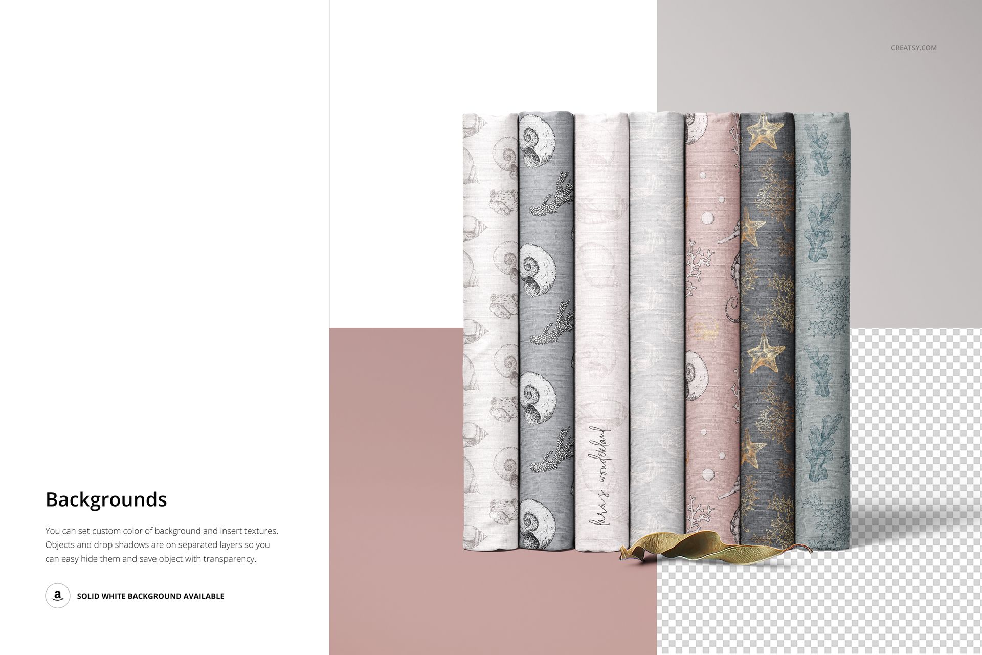 Front view of folded textile mockup set featuring various pastel patterns and a gold ribbon accent.