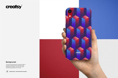 Front view of a matte iPhone XR snap case mockup with a vibrant geometric design, held against a color-blocked background.