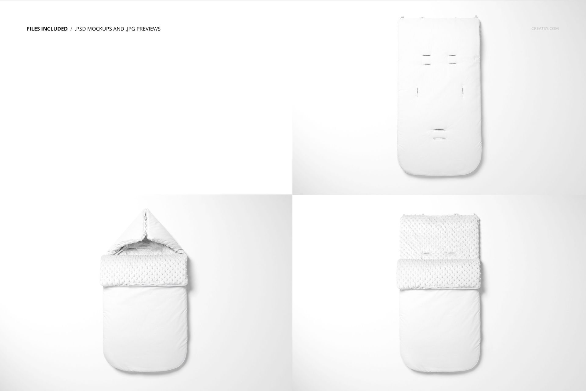 Set of baby sleeping bag mockups in white, shown from top and front views with different folding styles.