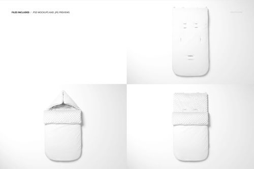 Set of baby sleeping bag mockups in white, shown from top and front views with different folding styles.