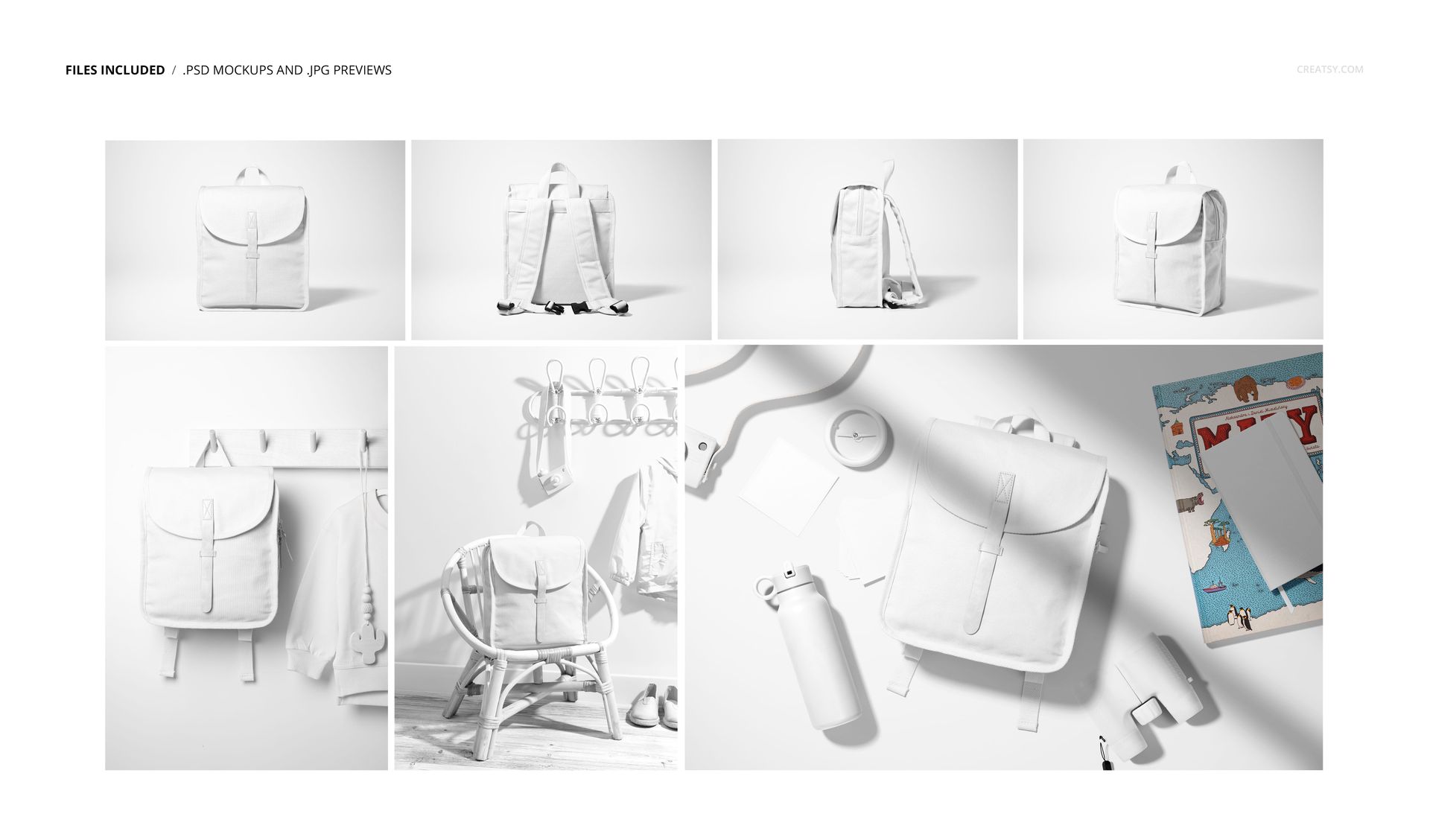 Kids backpack mockup shown from multiple angles, including front and back views, with accessories and playful props.