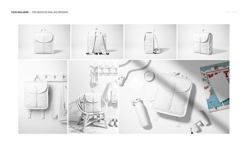 Kids backpack mockup shown from multiple angles, including front and back views, with accessories and playful props.