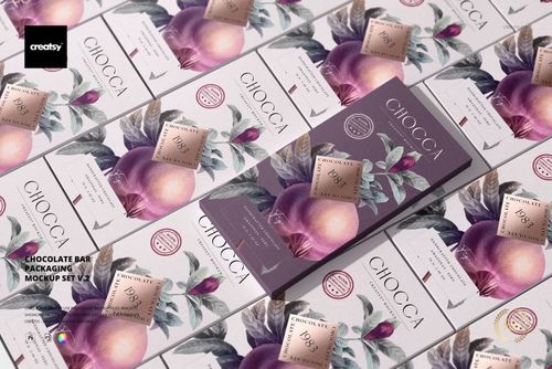 Front view of chocolate bar packaging mockup with purple floral design, surrounded by matching packages in a grid.