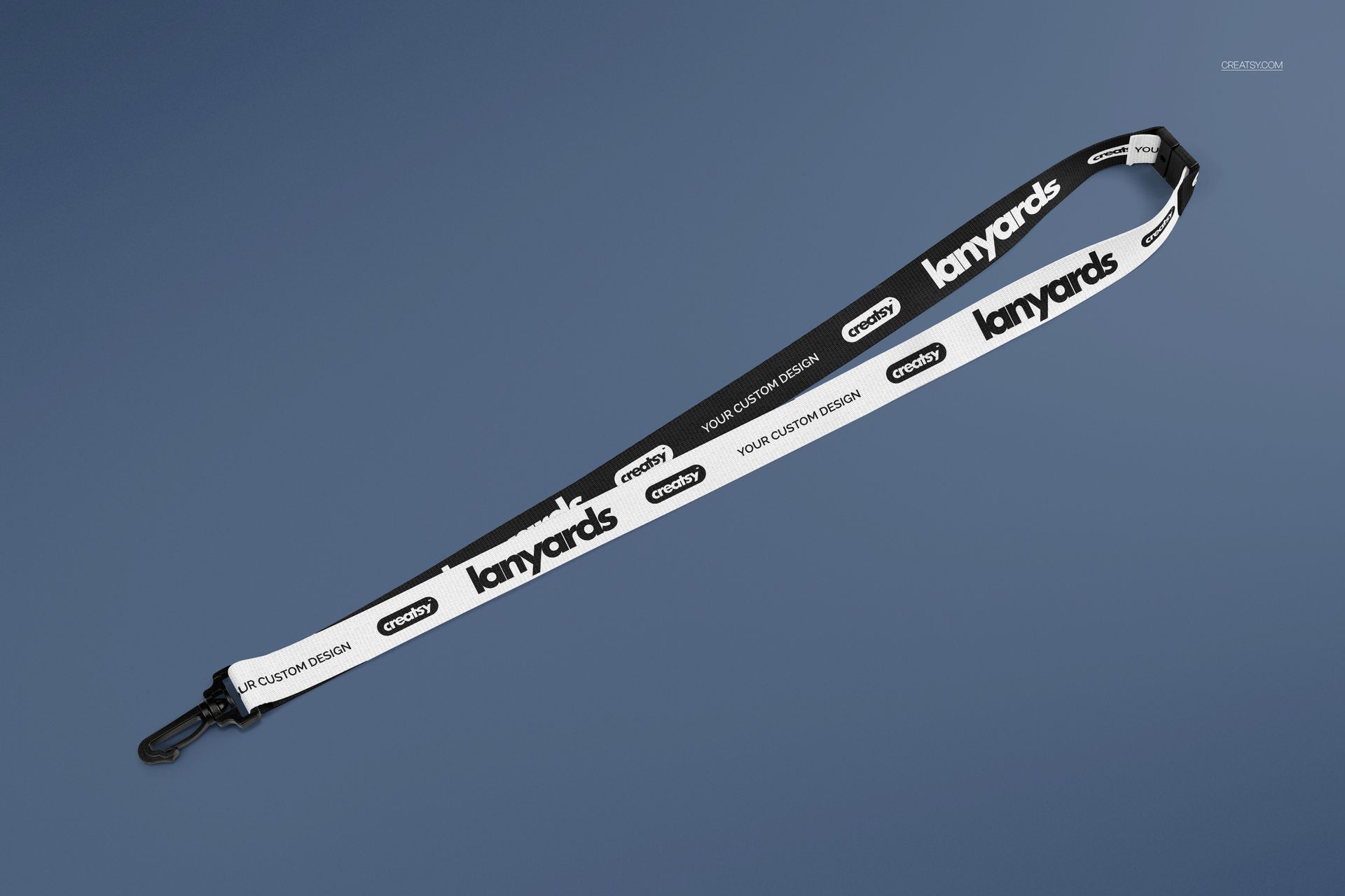 Mockup of a polyester lanyard featuring alternating black and white colors and printed text, displayed diagonally.