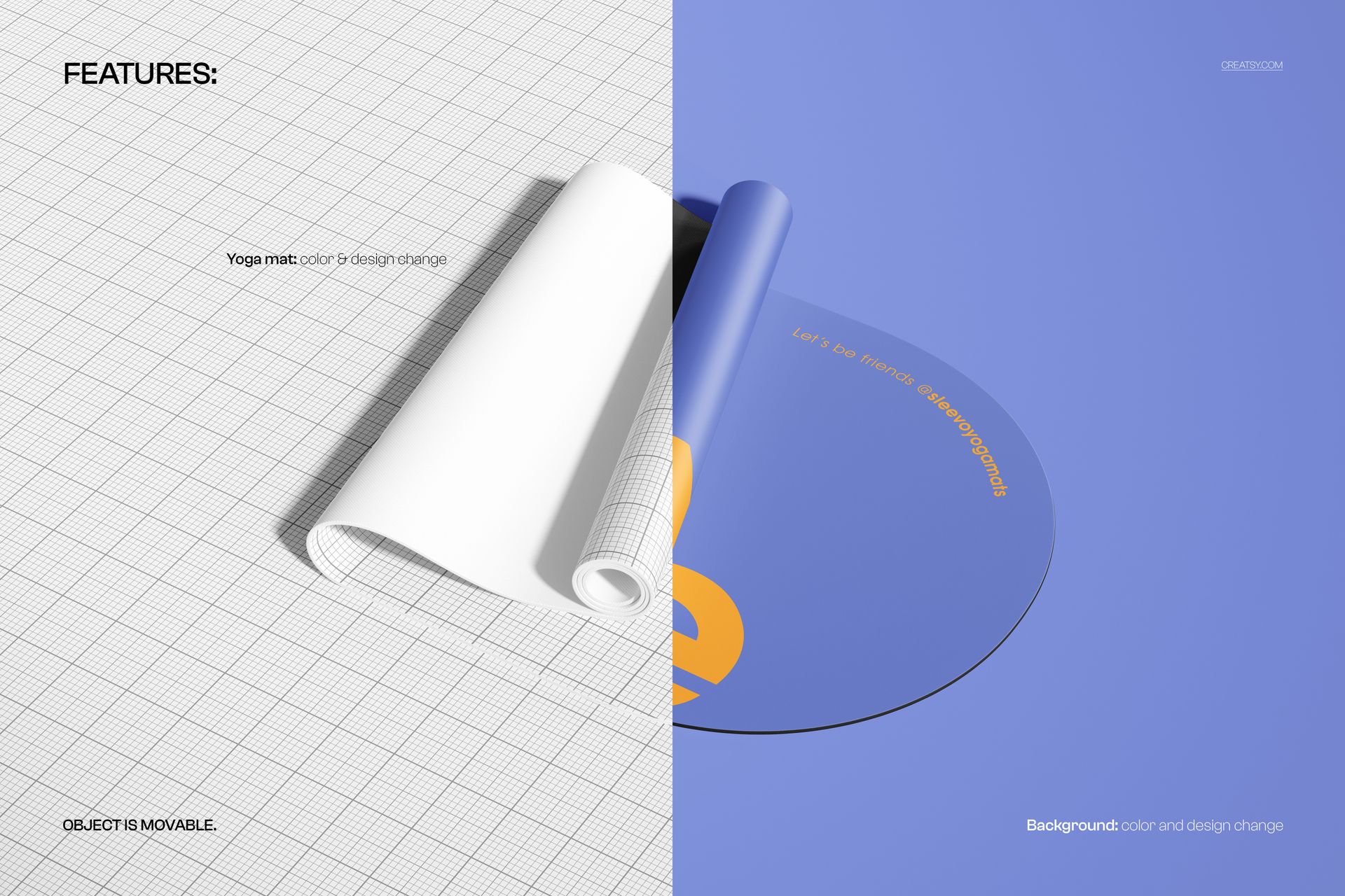 Partially rolled oval yoga mat mockup with white and blue surfaces, shown from an angled top view on a split background.
