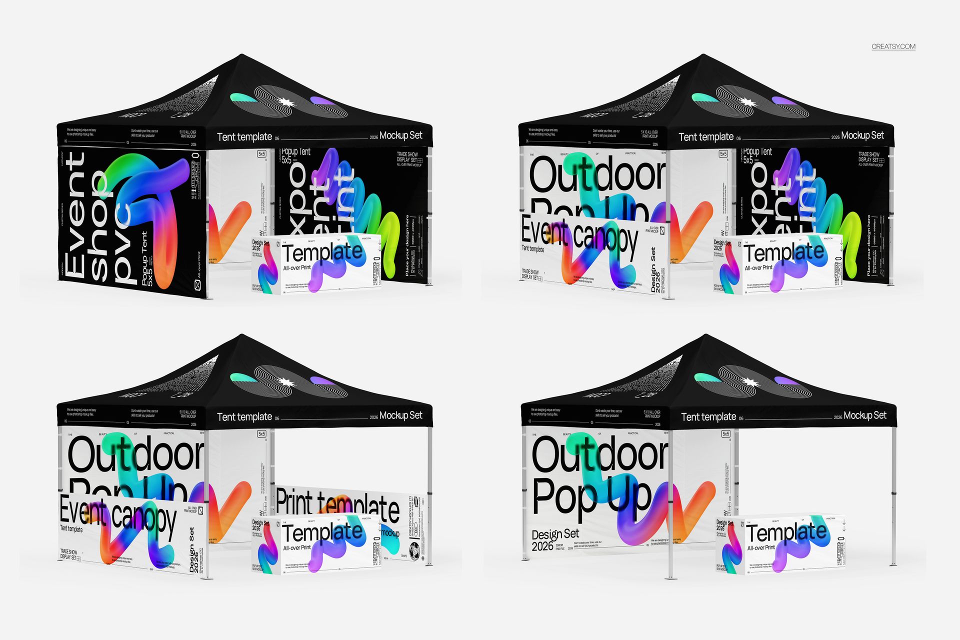 Pop up tent mockup with black canopy and colorful abstract graphics, shown from front and angled views on white background.