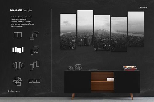 Room mockup with customizable canvas prints above a sleek black commode, grayscale cityscape artwork, and minimal decor.