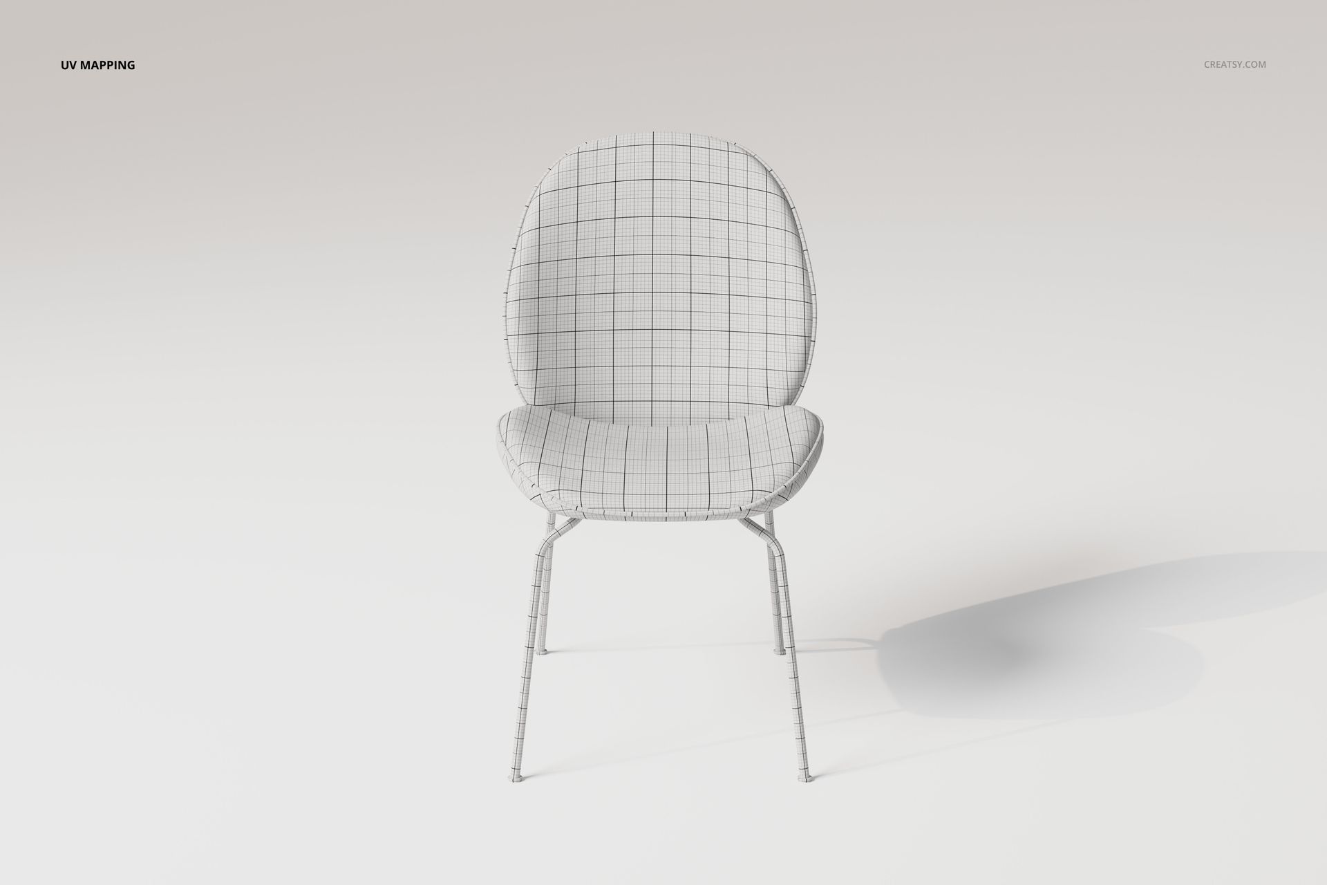Front view of a beetle style dining chair 3D model with a rounded backrest and seat, featuring a grid UV mapping pattern.