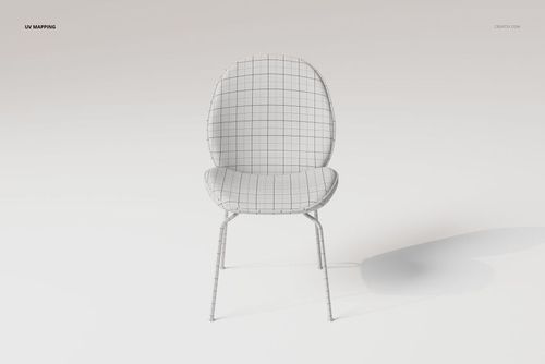 Front view of a beetle style dining chair 3D model with a rounded backrest and seat, featuring a grid UV mapping pattern.
