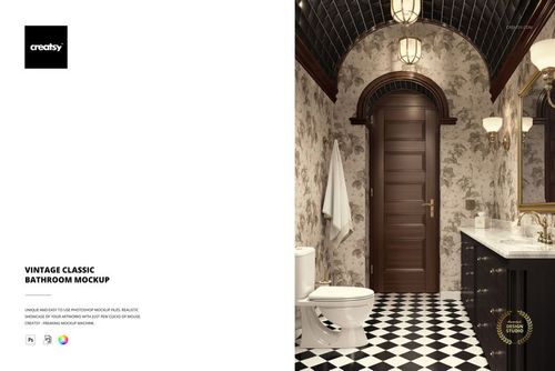 Vintage bathroom mockup featuring a checkered tile floor, dark wood door, ornate wallpaper, and gold fixtures.