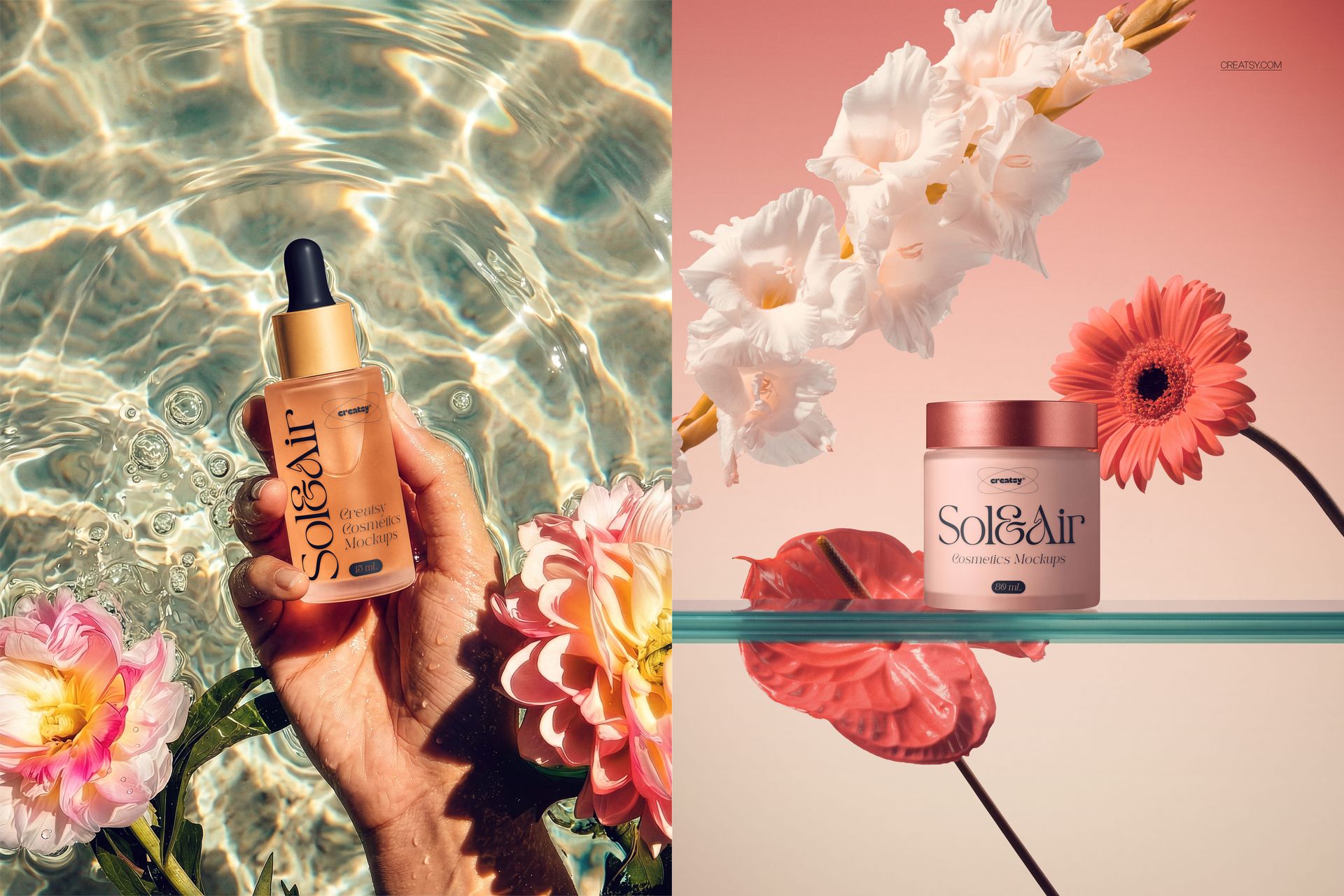 Cosmetics packaging mockup featuring a dropper bottle held in water and a jar on glass with flowers in the background.