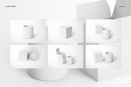 Matte glass candle mockup set showing six angles, including closed and open candle boxes in a minimal white scene.