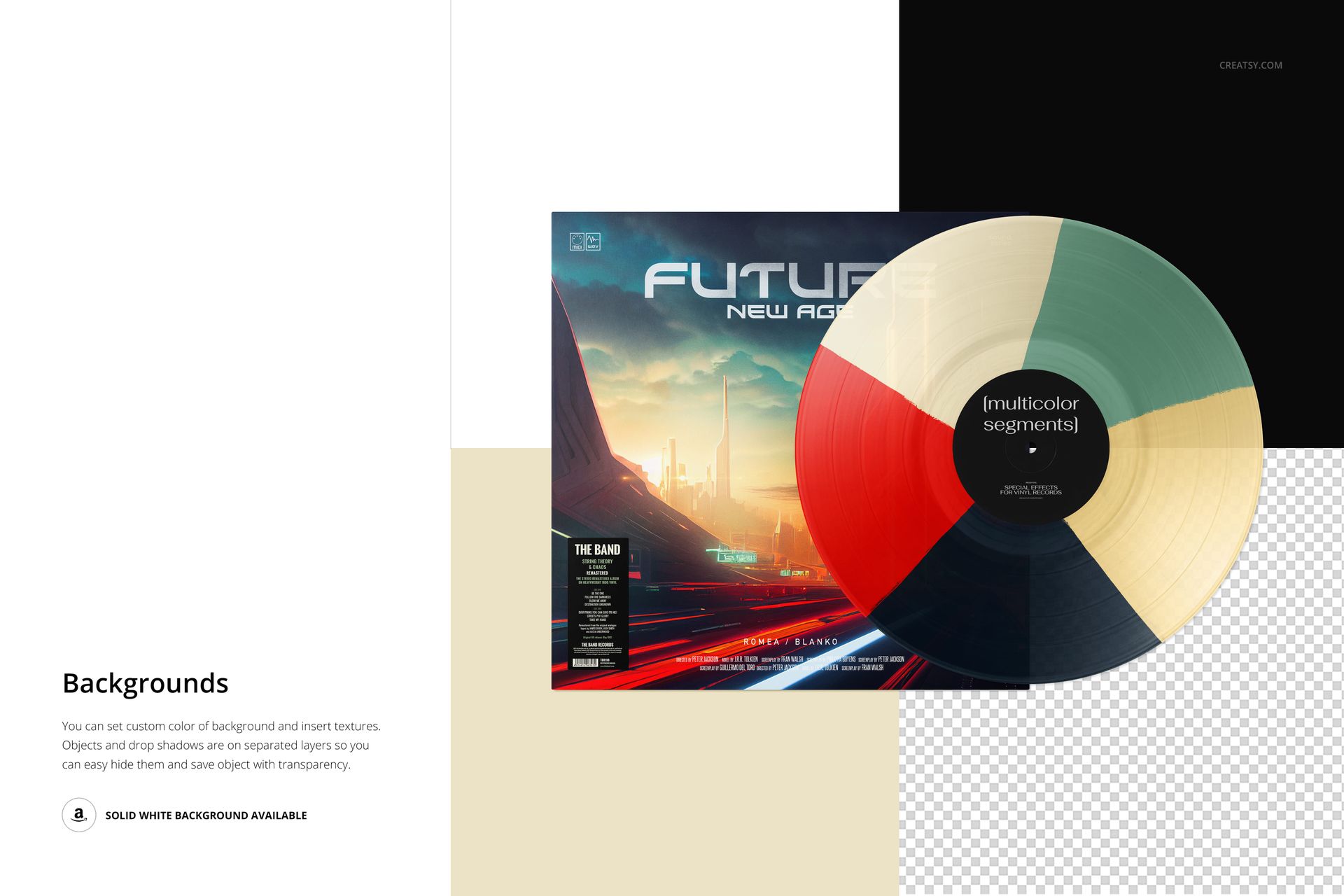 Front view of a vinyl record with multicolor segments placed on a futuristic-themed cover, shown in a PSD mockup scene.