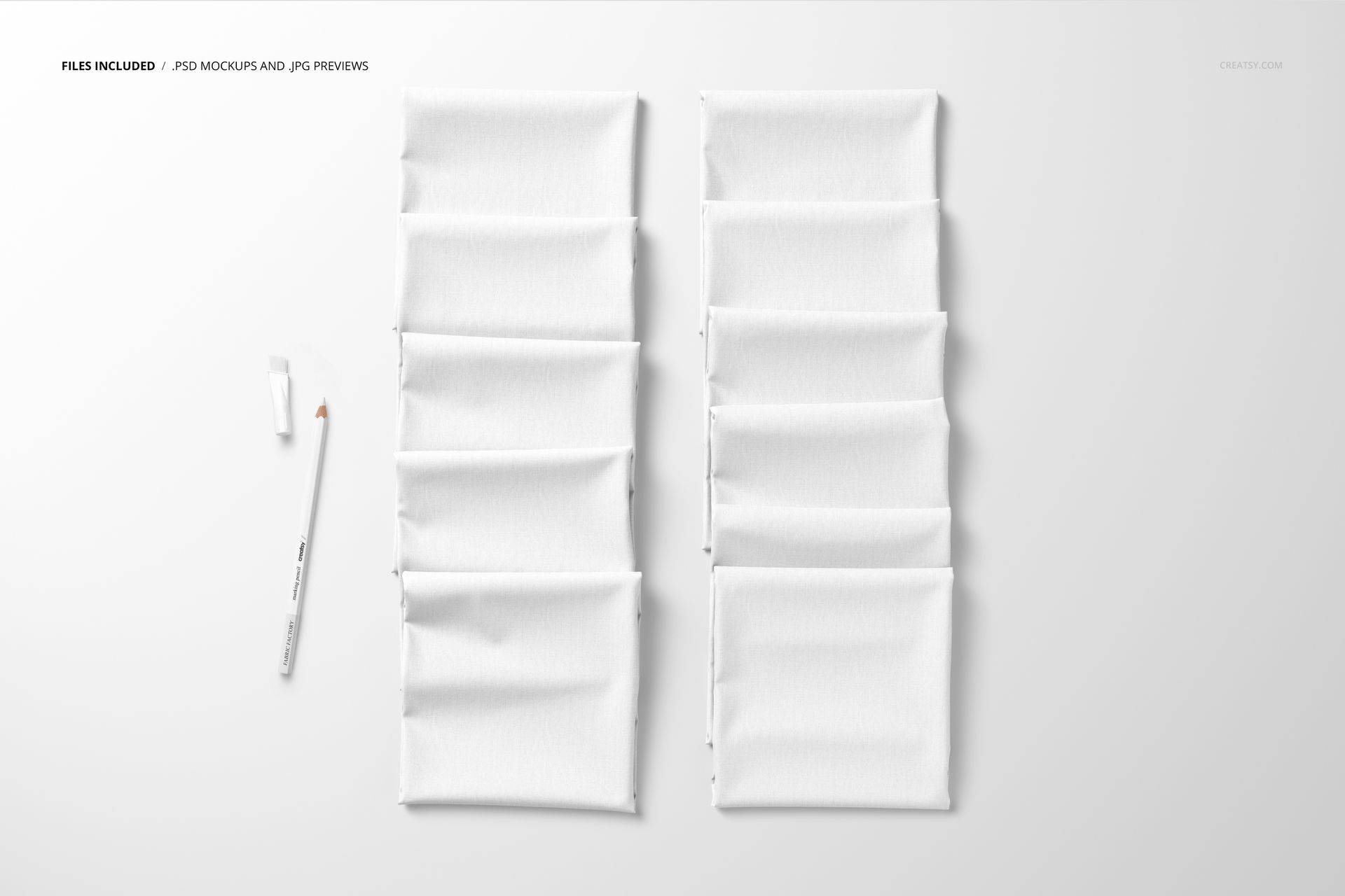 Folded Fabrics Mockup PSD showing multiple white textile squares in neat rows, viewed from above on a pale background.