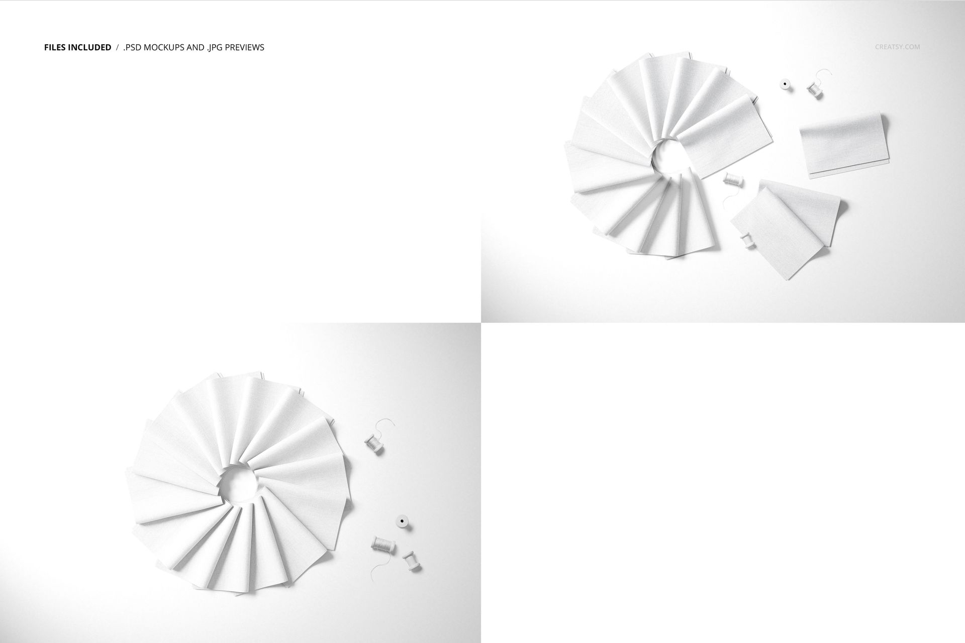 PSD mockup displaying assorted folded fabric swatches in different shapes with sewing accessories on a white tabletop.