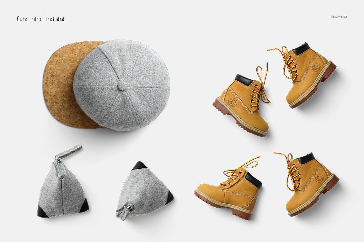 Boys winter set mockup featuring gray wool caps, yellow lace-up boots, and gray triangular pouches on a white background.