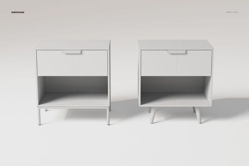 Front view of two mid-century modern night stands in white, featuring clean lines and open shelf design on a plain background.