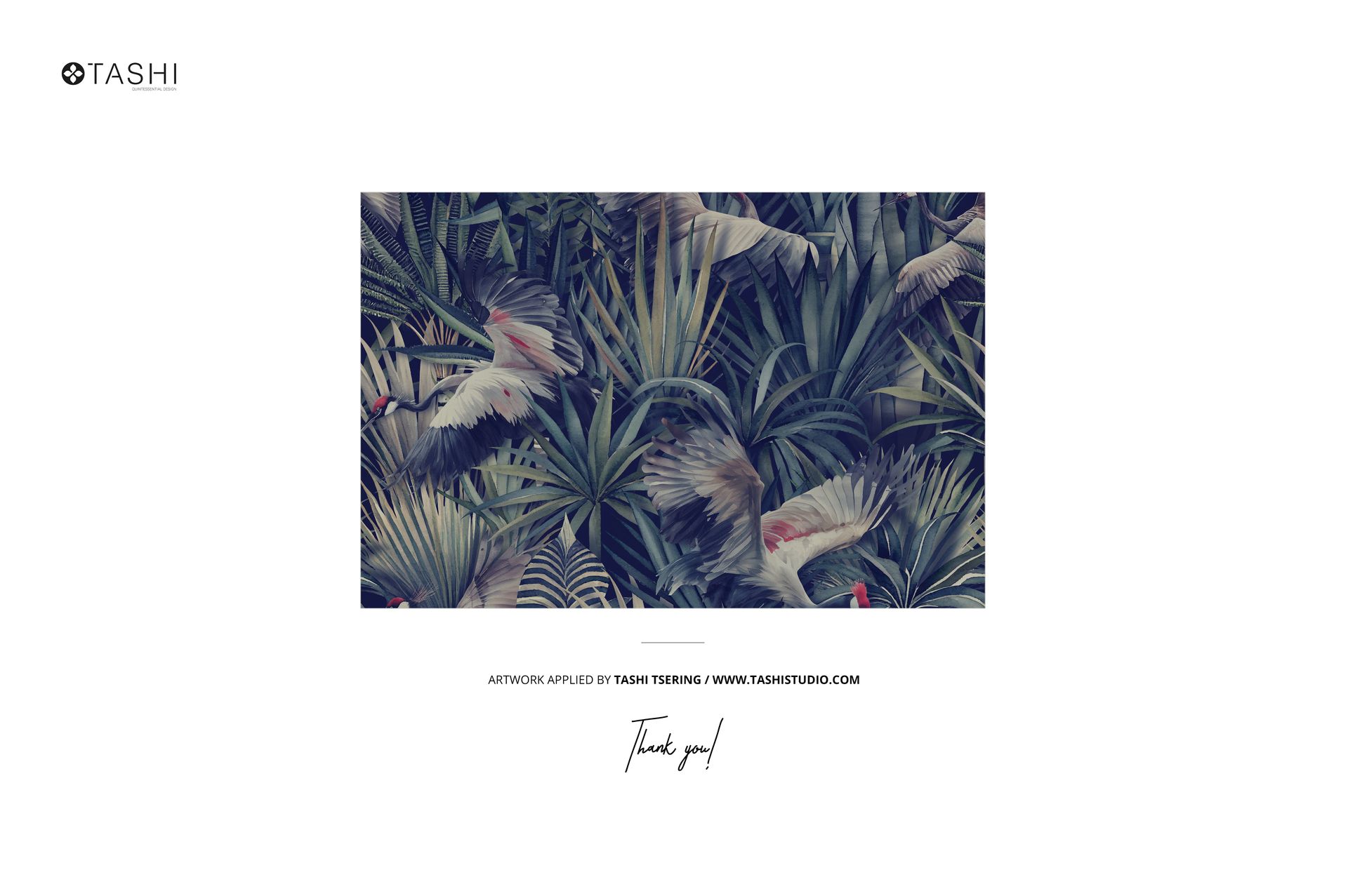 Front view of a bathroom cabinet wallpaper mockup featuring a dense tropical foliage pattern with birds in muted green tones.