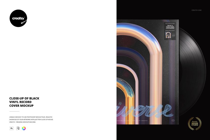 Black vinyl record mockup featuring a sleeve with multicolored curved patterns, shown from a close-up angled perspective.