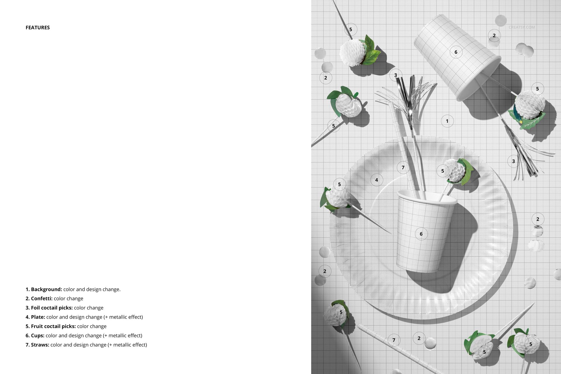 Top view of party supplies mockup featuring a plate and cups with grid pattern, surrounded by green and white props.