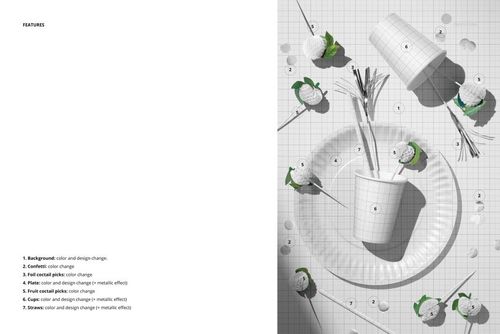 Top view of party supplies mockup featuring a plate and cups with grid pattern, surrounded by green and white props.