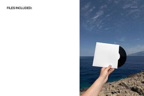 Black vinyl record mockup in a white sleeve held up by a hand near rocky shore, with sea and sky visible.