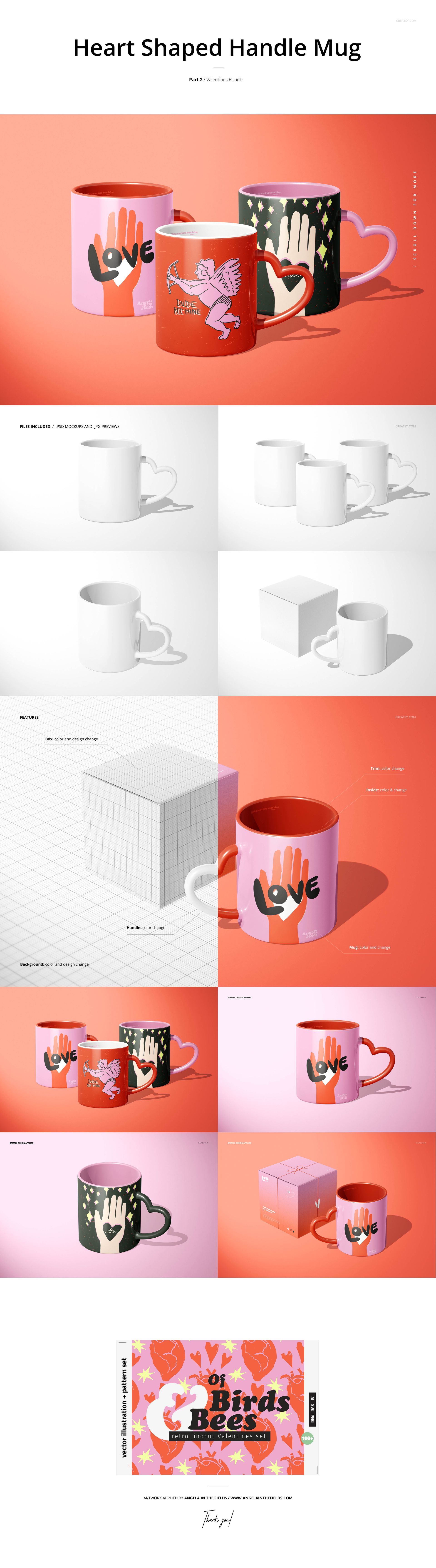 Valentine-themed mug PSD mockups featuring heart handles and assorted designs, presented on a vibrant coral surface.