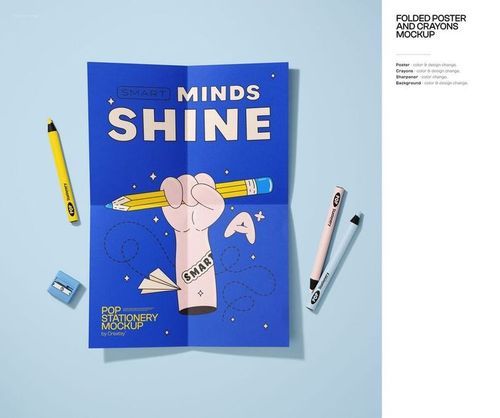 Stationery mockup scene with a colorful poster, crayons, pencil sharpener, and eraser arranged on a flat blue surface.