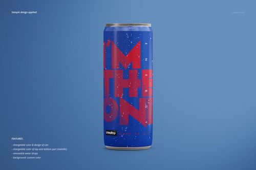 PSD mockup of a blue energy drink can featuring large red lettering, metallic accents, and realistic water droplets.