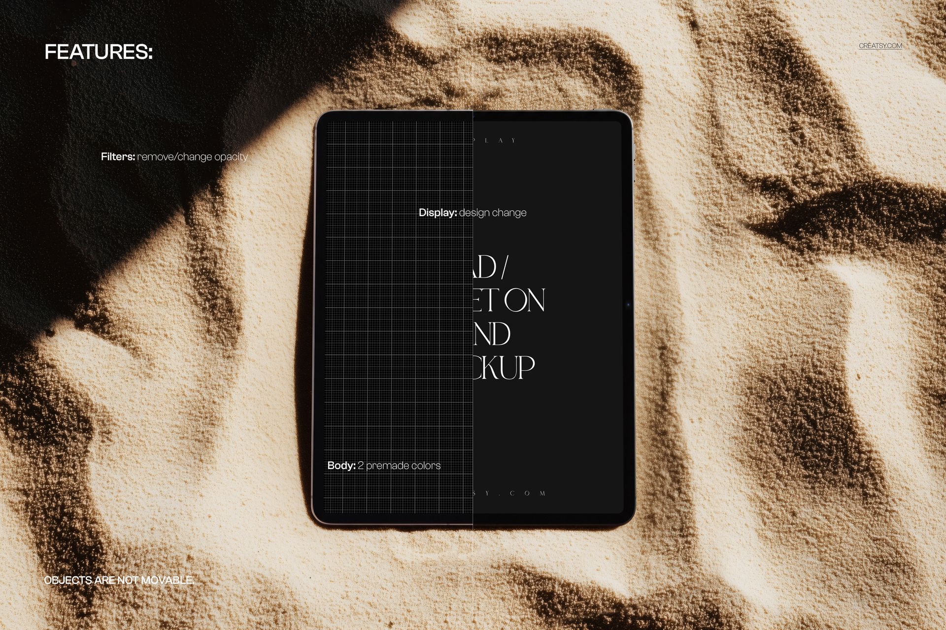 iPad Pro lying flat on textured sand, screen displaying mockup features, viewed from above in natural light.