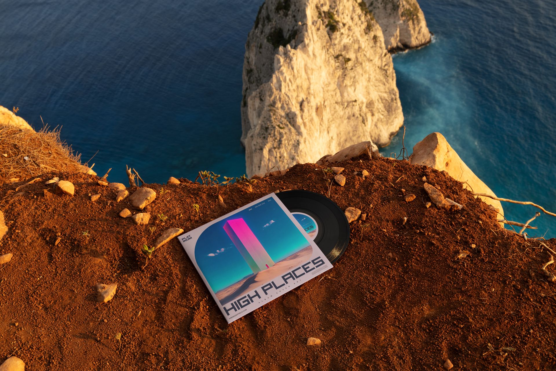 7 inch vinyl record mockup with geometric cover placed on brown rocky ground overlooking sea cliffs and water.