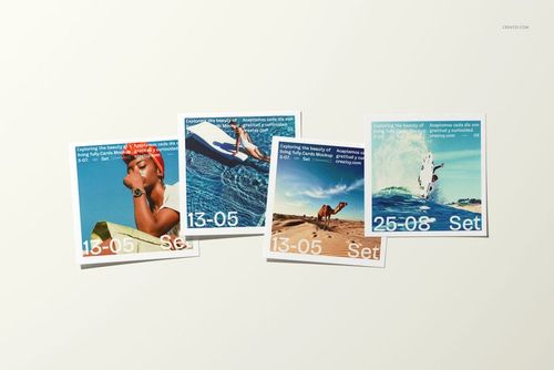 Front view of four square photo prints mockup, each showing different beach and water activities on a light tabletop.