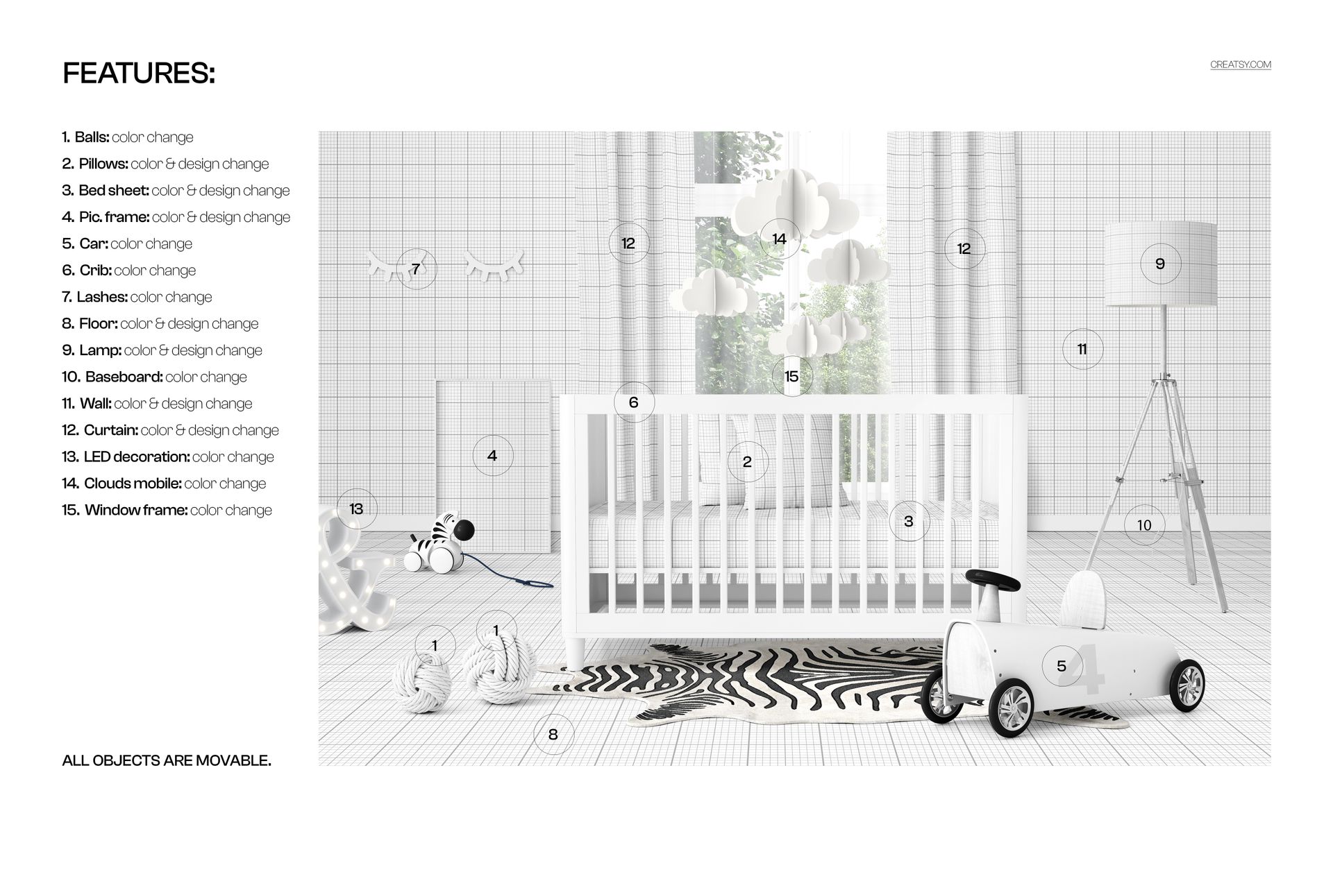 PSD mockup of a nursery featuring a white crib, cloud-shaped mobile, toy car, and minimalist decor, front perspective.