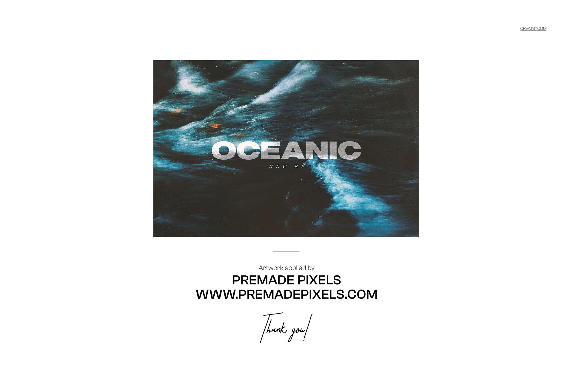 Front view of a translucent vinyl record mockup with abstract blue and black artwork and bold text in the center.
