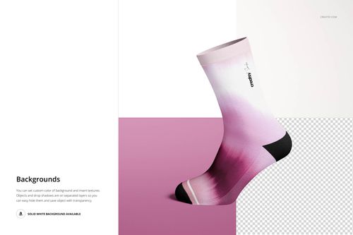 Single crew sock mockup with a gradient pink and white pattern, black toe and heel, displayed on a split background.