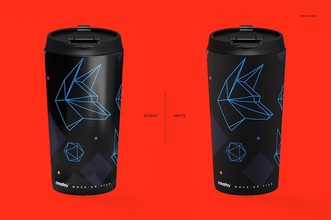 Front view of two 16 oz stainless steel tumblers with black surface, geometric blue line art, and matte and glossy finishes.